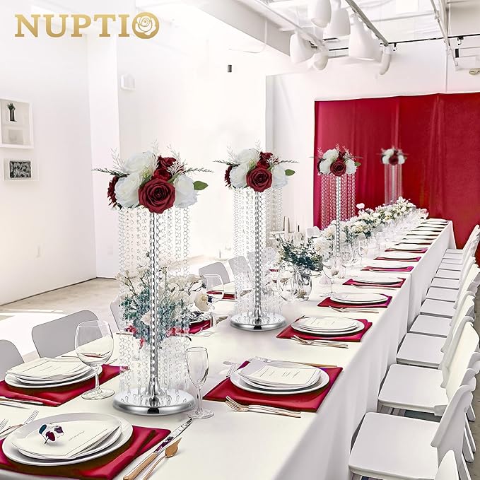 NUPTIO Flower Ball Centerpieces for Tables: 10 Pcs Crimson & White Artificial Rose Fake Floral Arrangement for Wedding Party Centerpiece Decorations 9.4 Inch Diameter