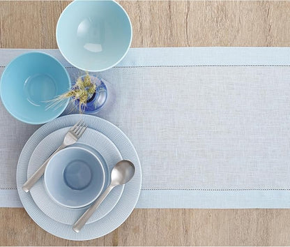 Solino Home Linen Light Blue Table Runner 60 Inches - Classic Hemstitch, 100% Pure Linen Coffee Table Runner 14 x 60 Inch Ideal for Dresser Tables, Christmas, New Year