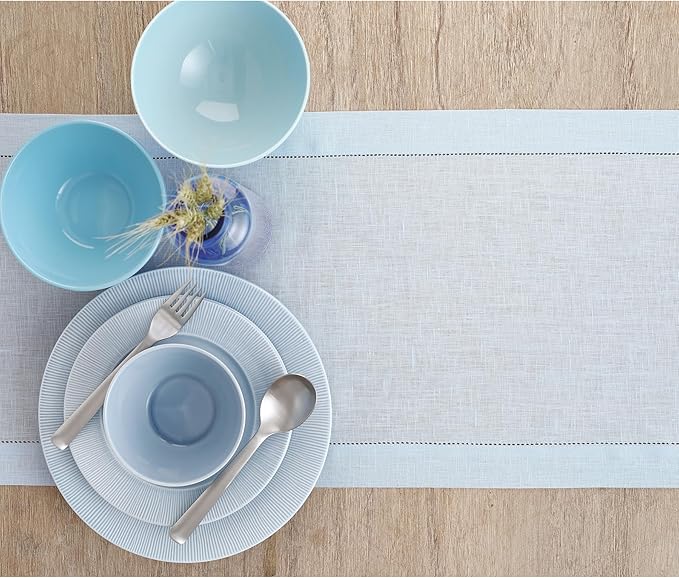 Solino Home Linen Light Blue Table Runner 108 Inches Long - 100% Pure Linen 14 x 108 Inch Table Runner for Winter, Christmas, New Year - Classic Hemstitch