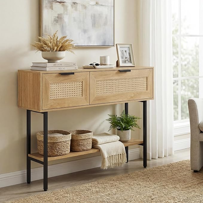 Giantex Rattan Console Table with Storage, 40" Boho Entryway Table w/ 2 Flip Door Cabinets & Shelf, Metal Frame, 2 Anti-Tipping Kits, Narrow Long Behind Couch Sofa Table for Entrance Hallway, Natural