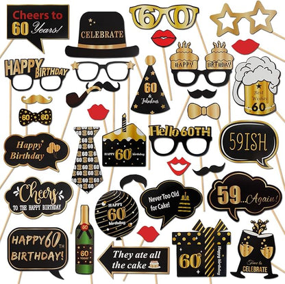 LINGTEER Happy 60th Birthday Party Photo Booth Props,Cheers to 60th Birthday Sixty Years Old Bday Party Centerpieces Props Decorations Sign.
