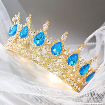 Blue Crown for Women Crystal Tiara and Queen Crown for Girl Wedding Headband for Bride Hair Accessories for Costume Birthday Party Cake Decoration Prom