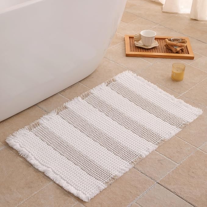 Waffle Bath Mat Non Slip, Boho Bathroom Rug, Super Absorbent Quick Dry Bathroom Mat, Soft Farmhouse Bath Rug with Tassels, Small Washable Shower Mats for Floor 20"x32", White and Taupe