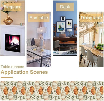 Fall Pumpkin Table Runner White Orange Vegetables Seeds Parsley Watercolor Hand-Painted Illustration Home Decor for Farmhouse Indoor Outdoor Party Holiday Dining Kitchen Restaurant Cafe W13xL60in