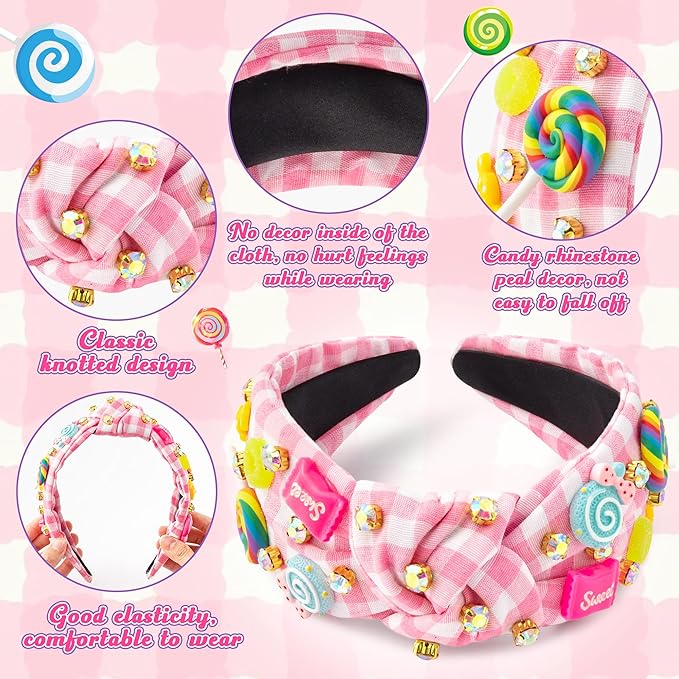 PANTIDE Candy Jeweled Knotted Headband - Christmas Rainbow Lollipop Rhinestone Embellished Preppy Headband Non Slip Wide Top Knot Hairband Accessories Birthday Gift for Women Girls (Pink Plaid)