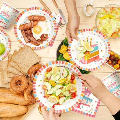 100pcs Birthday Party Plates Disposable Tableware Set Birthday Cake Pattern for 25 Guests Kid's Party Table Supplies（Include Plates, Cups and Napkins）