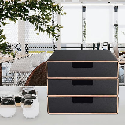 Stackable Organizer Drawer PU Leather Classic Handmade,Organize Home Office Desk Accessories and Sort Letter-Size Paper/a4 Document,Desk Caddy with Drawers Storage Box ,13.1x10x3.7inches,Black