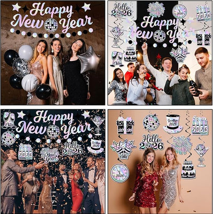 Iridescent New Years Decorations, Disco New Years Party Decorations 2026 includes Iridescent Happy New Year Banner and Disco Hanging Swirls, New Year Hanging Swirls for Indoor Outdoor Classroom Office
