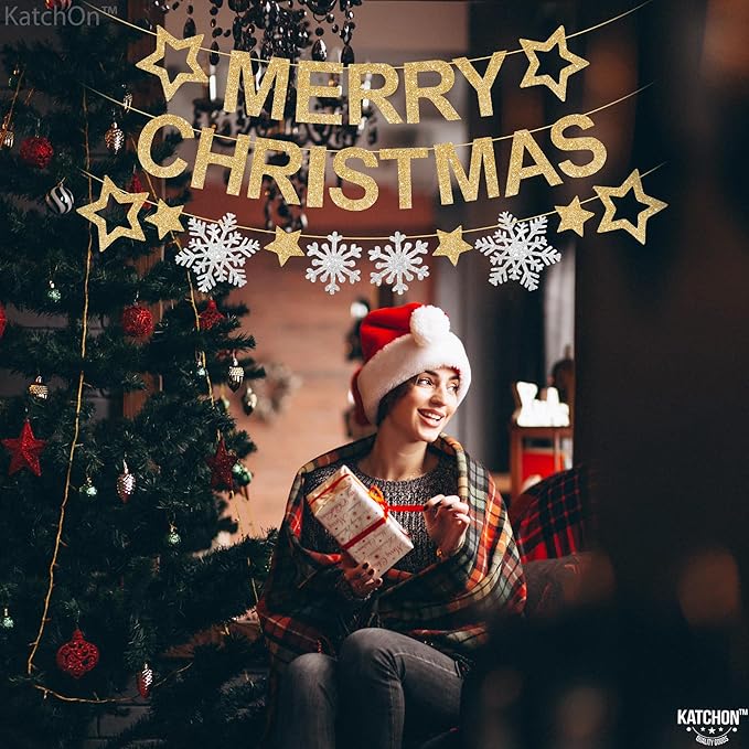 KatchOn, Glitter Merry Christmas Banner Indoor - Large 10 Feet, 3 Strings | Snowflake Garland | Merry Christmas Decorations | Xmas Decorations | Winter Party Decorations | Merry Christmas Garland