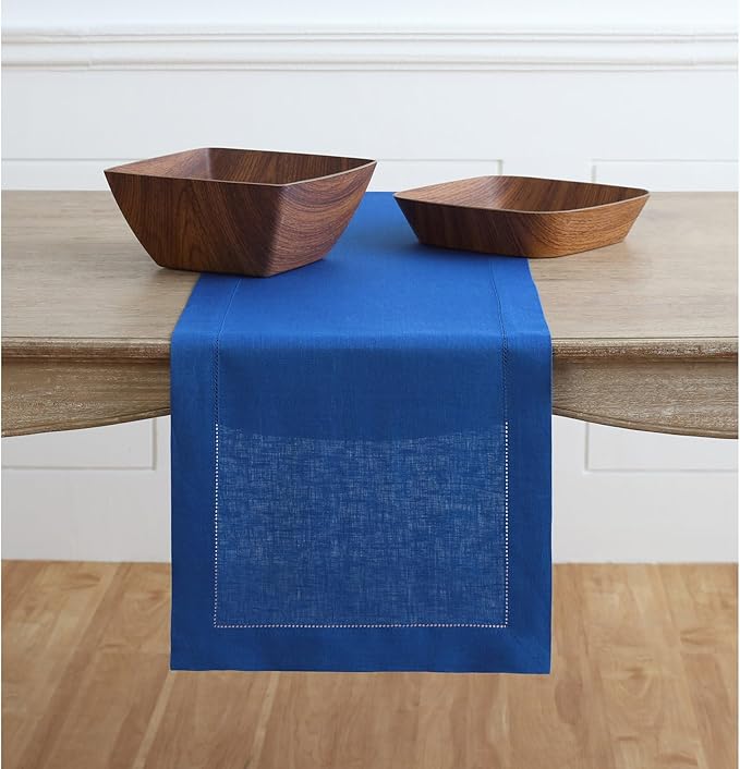 Solino Home Linen Royal Blue Table Runner 72 Inches Long - 100% Pure Linen Hemstitch Table Runner 14 x 72 Inch for Dresser, Dining, Christmas, New Year - Classic Hemstitch