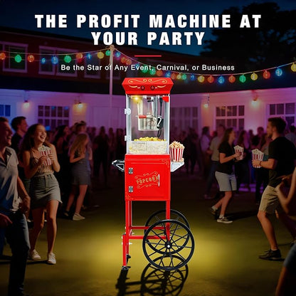Vintage Theater Popcorn Machine with Cart - 8 Oz Commercial Kettle Makes 32 Cups, with Wheels & Warming Light for Home Theater, Parties & Office, Red