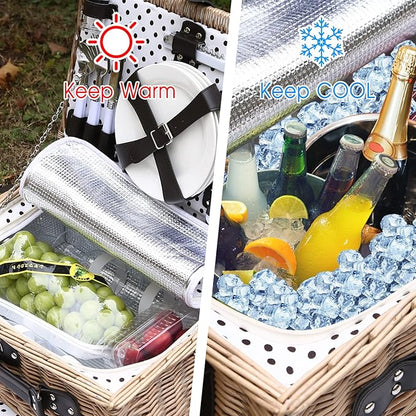 Picnic Basket for 4 Persons with Waterproof Picnic Blanket and Insulated Cooler, Large Wicker Picnic Basket for Camping, Outdoors, Valentine's Day, Christmas, Birthday, Wedding Gift