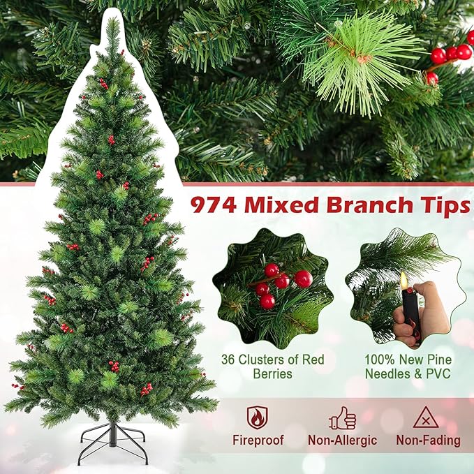 GOFLAME 7FT Pre-Lit Christmas Tree, Hinged Artificial Xmas Tree with Pine Needles, 974 Branch Tips, 36 Clusters of Red Berries, 400 LED Lights, 9 Lighting Modes, 4 Brightness, Remote Control & Timer