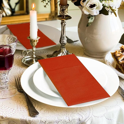 KAMMAK Dinner Napkins Disposbale Terracotta and Orange Cloth Like Paper Napkins with Pocket 100 Pack Wedding Reception Guest Hand Towel for Party Decoration, Bathroon, Kitchen (16.5 x 16.5 inch)
