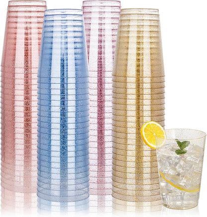 DaYammi 100 Pack 10 Oz Plastic Cups Glitter Disposable Cups in Assorted Colors,Plastic cups with 4 Colors, Disposable Wine Glasses Heavy Duty disposable Tumblers Drinking Cocktail Glasses for Party