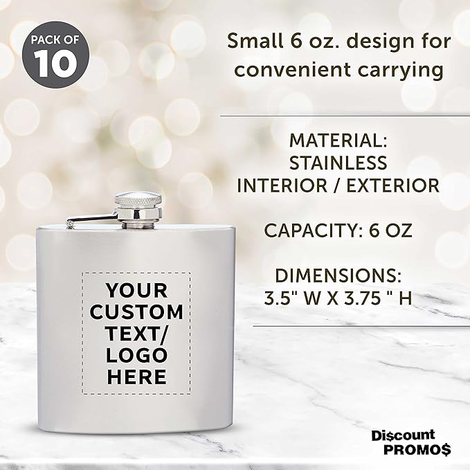 Custom Murano Stainless Steel Hip Flasks 6 oz. Set of 10, Personalized Bulk Pack - Screw on Cap, Great for Wedding Party Gifts, Groomsmen Gifts, Outdoor Activities - Silver