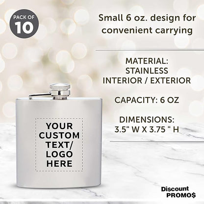 Custom Murano Stainless Steel Hip Flasks 6 oz. Set of 10, Personalized Bulk Pack - Screw on Cap, Great for Wedding Party Gifts, Groomsmen Gifts, Outdoor Activities - Silver