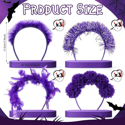12 Pcs Christmas Fuzzy Pom Pom Headbands Fluffy Yarn Feather Tinsel Spirit Party Headwear for Birthday Festival