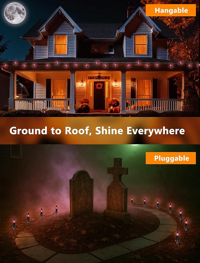 25Ft Halloween Dark Purple String Lights, C9 Black Purple String Lights with 25 Edison Bulbs, Outdoor Connectable Hanging Lights for Patio Halloween Roofline Holiday Decor, 5W, Black Wire