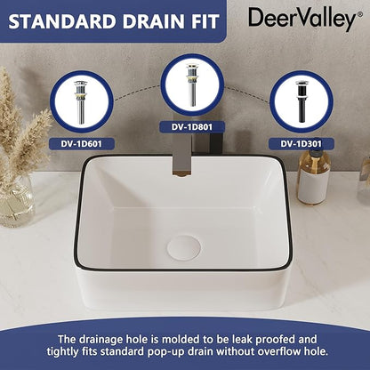 DeerValley Liberty 16x12 Inch Rectangular Vessel Sink, White Ceramic Bathroom Sink with Black Striped Border, Above Counter Basin, DV-1V0317