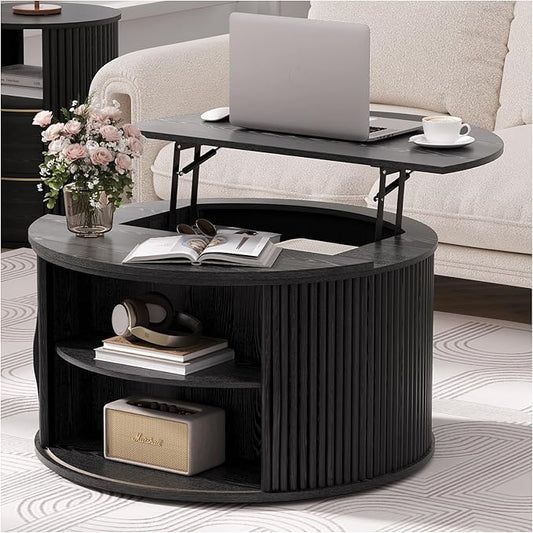 31.5" Black Round Lift Top Coffee Table, Modern Fluted Drum Center Table with Hidden Storage, Minimalist Circle Wood Desk for Living Room & Small Apartment
