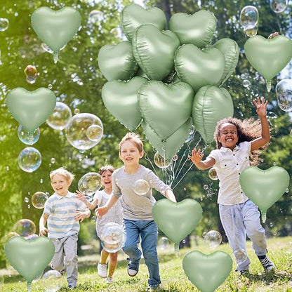 Sage Green Heart Foil Balloon, 10PCS Olive Green Heart Helium Balloons, Light Green Heart Shaped Mylar Balloons for Jungle Safari Party Birthday Graduation Garden Wedding Baby Shower Party Decorations