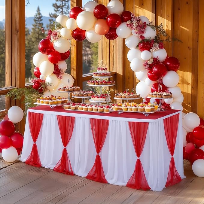 Red White Striped Table Skirt Tulle Circus Table Skirts for Rectangle Table 6ft for Birthday Carnival Circus Party Decorations