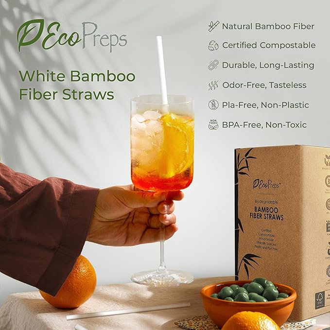 Biodegradable Bamboo Fiber Straws | 300 Count, 100% Compostable, Plastic-Free, Eco-Friendly Drinking Straw | 7.8'' Plant Fiber Disposable Straws, White Straw | Durable for Warm & Cold Drinks