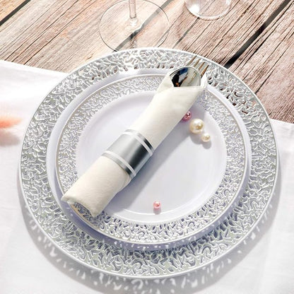WELLIFE 350 Pieces Silver Disposable Plastic Dinnerware, Includes:50 Dinner Plates, 50 Dessert Plates, 50 Cups, 50 Pre Rolled Napkins with Silver Cutlery