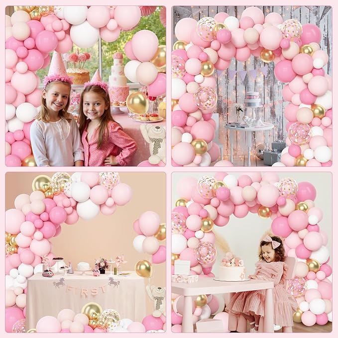 Amandir 144Pcs Pink Balloons Garland Arch Kit Light Pink Gold White Confetti Latex Metallic Balloons for Girl Birthday Baby Shower Wedding Graduation Party Decorations Supplies