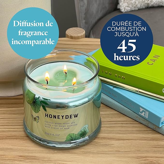 PartyLite Honeydew Scented, Notes of Green Melon, Juicy Ripe Mango and a Hint of Musk, 13.2oz 3-Wick Jar Candle, 45 Hour Burn Time, Luxurious Fragrance, Ideal for Gifting