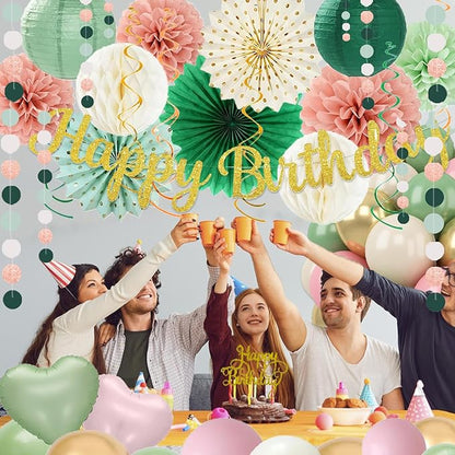 Sage Green Pink Birthday Decorations - 62pcs Happy Birthday Banner, Olive Retro Beige Paper Lanterns Pom Poms, Green Pink Balloons , Neutral Streamers Garland, Birthday Decorations for Women Girl Boys