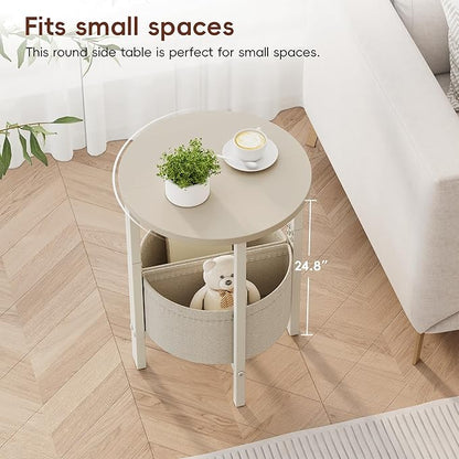 Vagusicc Small Round Side Table End Table, Tall Accent Table with Storage Basket, Set of 2 Half Round Tables Half Moon Tables, Coffee Bedside Tables, Modern Nightstand for Living Room Bedroom, Cream