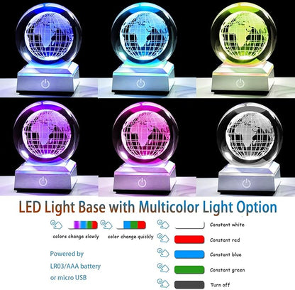 3.15'' 3D Earth Crystal Ball with Silver LED Colorful Light Base, Science Universe Astronomy Gifts for Astronomy Lovers, Kids, Engraved Earth Model Decor Figurine Collection for Home Decor