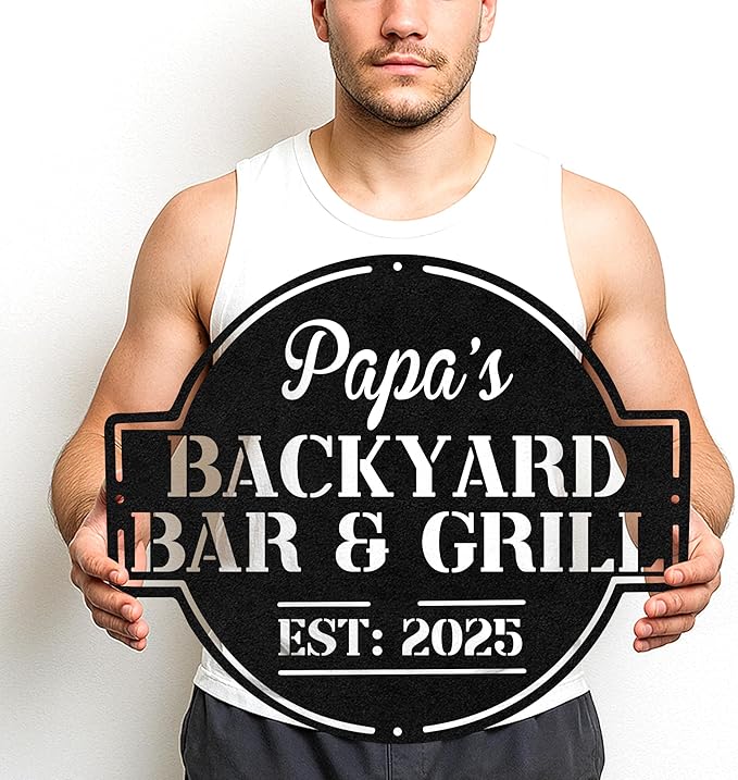 Personalized BBQ Cabin Metal Sign, Custom Grill Name Cut Wall Art for Backyard Patio, Rustic Outdoor Kitchen Gift Idea