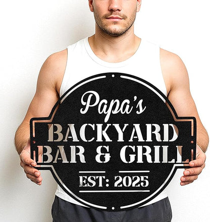 Personalized BBQ Cabin Metal Sign, Custom Grill Name Cut Wall Art for Backyard Patio, Rustic Outdoor Kitchen Gift Idea
