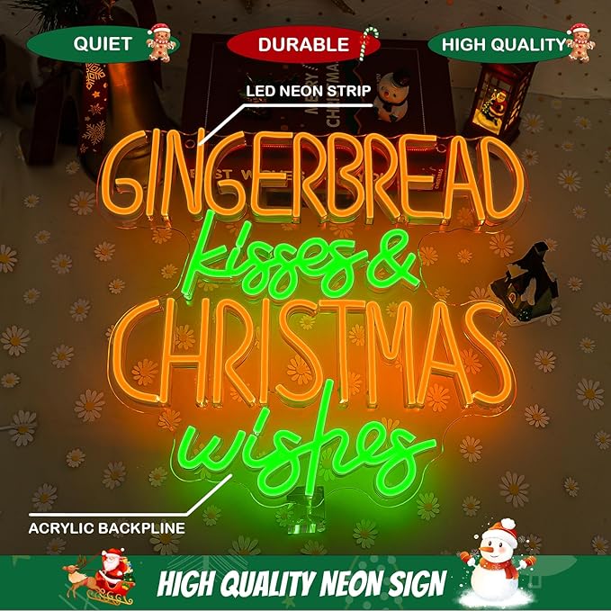 Horseneon Christmas Neon Sign Gingerbread Kisses Christmas Wishes Neon Sign Bright LED Wall Decoration for Home Kitchen Bakery USB Power Sweet Treats Neon Signs for Christma
