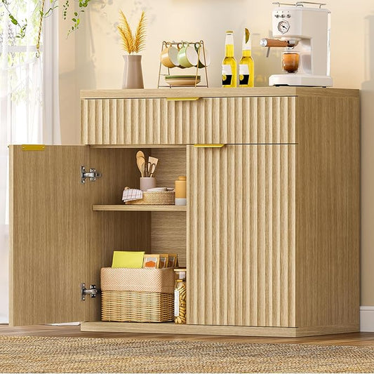 TEENFON Fluted Buffet Cabinet with Storage, 31.5" Sideboard Cabinet, Coffee Bar Cabinet with 2 Doors and Adjustable Shelf for Living Room, Kitchen, Entryway, Natural