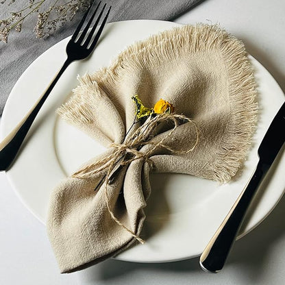 Handmade Cloth Napkins with Fringe,18 x 18 Inches Cotton Linen Napkins Set of 12 Versatile Handmade Square Rustic Fringe Napkins for Dinner, Wedding and Parties, Beige