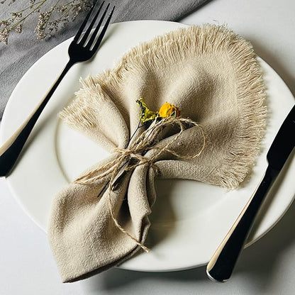 Handmade Cloth Napkins with Fringe,18 x 18 Inches Cotton Linen Napkins Set of 6 Versatile Handmade Square Rustic Fringe Napkins for Dinner, Wedding and Parties, Beige