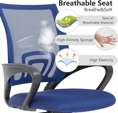 BestOffice | Ergonomic Office Chair | Mid-Back Swivel Desk Chair | Breathable Backrest & Lumbar Support | Adjustable Height | Sponge Seat | Rolling Wheels | Dark Blue | for Adults & Women