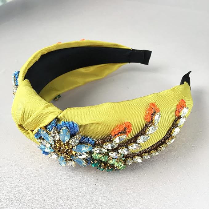 Yusier Baroque Rhinestone Crystal Hairband, Satin Fabric Hair Hoop in Yellow for Women, Hair Accessories, Exquisite Hairband, A Variety of Colors, 1 Count (Pack of 1)