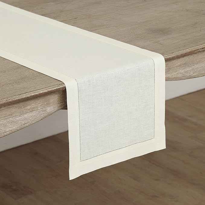 Solino Home Linen Ivory Table Runner 36 Inches - Classic Hemstitch, 100% Pure Linen Coffee Table Runner 14 x 36 Inch Ideal for Dresser Tables - Fall, Christmas, Holiday, New Year