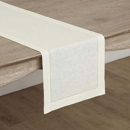 Solino Home Linen Ivory Table Runner 144 Inches Long - 100% Pure Linen Extra Long Table Runner 14 x 144 Inch for Fall, Autumn, Christmas, New Year - Classic Hemstitch