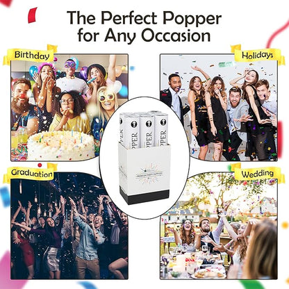 Clover Products 12" Biodegradable Confetti Cannons | 6 Pack Confetti Poppers for Weddings, Birthdays & Parties | Air-Powered Party Poppers Shoot 25 Feet | Safe for Indoor & Outdoor Use
