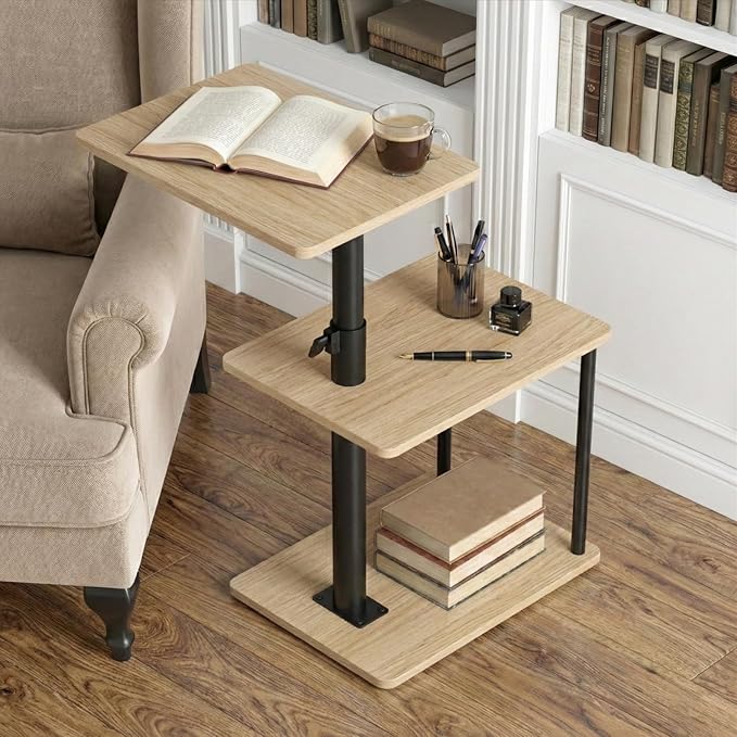 360° Swivel Side Table for Height Adjustable, C Shaped End Table for Couch with Storage, 3-Tier Night Stand with Open Shelf, Tv Tray for Small Spaces, Living Room, Bedroom, Oak