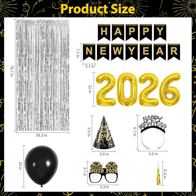 New Years Eve Party Supplies 2026 New Years Decorations Happy New Year Banner 2026 Balloons Hats Glasses Tiaras Squawkers Fringe Curtains for Party Decor Photo Props