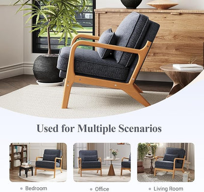 Accent Chair with Solid Wood Frame, Mid-Century Relaxing Armchair Lumbar Pillow& Soft Cushion, Reading Leisure Chair for Living Room, Bedroom, Waiting Room-Blue