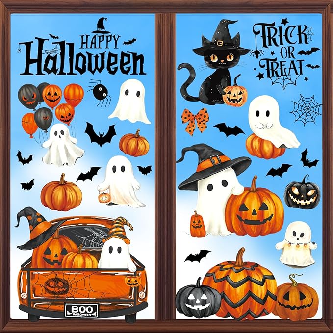 Halloween Window Clings Decorations, Ghost Pumpkin Bat Stickers Decor for Glass Windows, Large Double Sided Reusable Decals, 8 Sheets