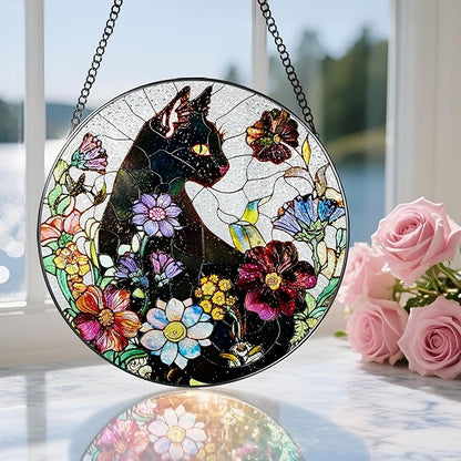 Stained Glass Window Hanging, 8 Inch Black Cat Sun Catcher, Stained Glass Suncatcher, Suncatchers for Windows, Window Decor Hanging, Cats Lover Gifts, Cat Lover Decor, Gifts for Cats Lovers